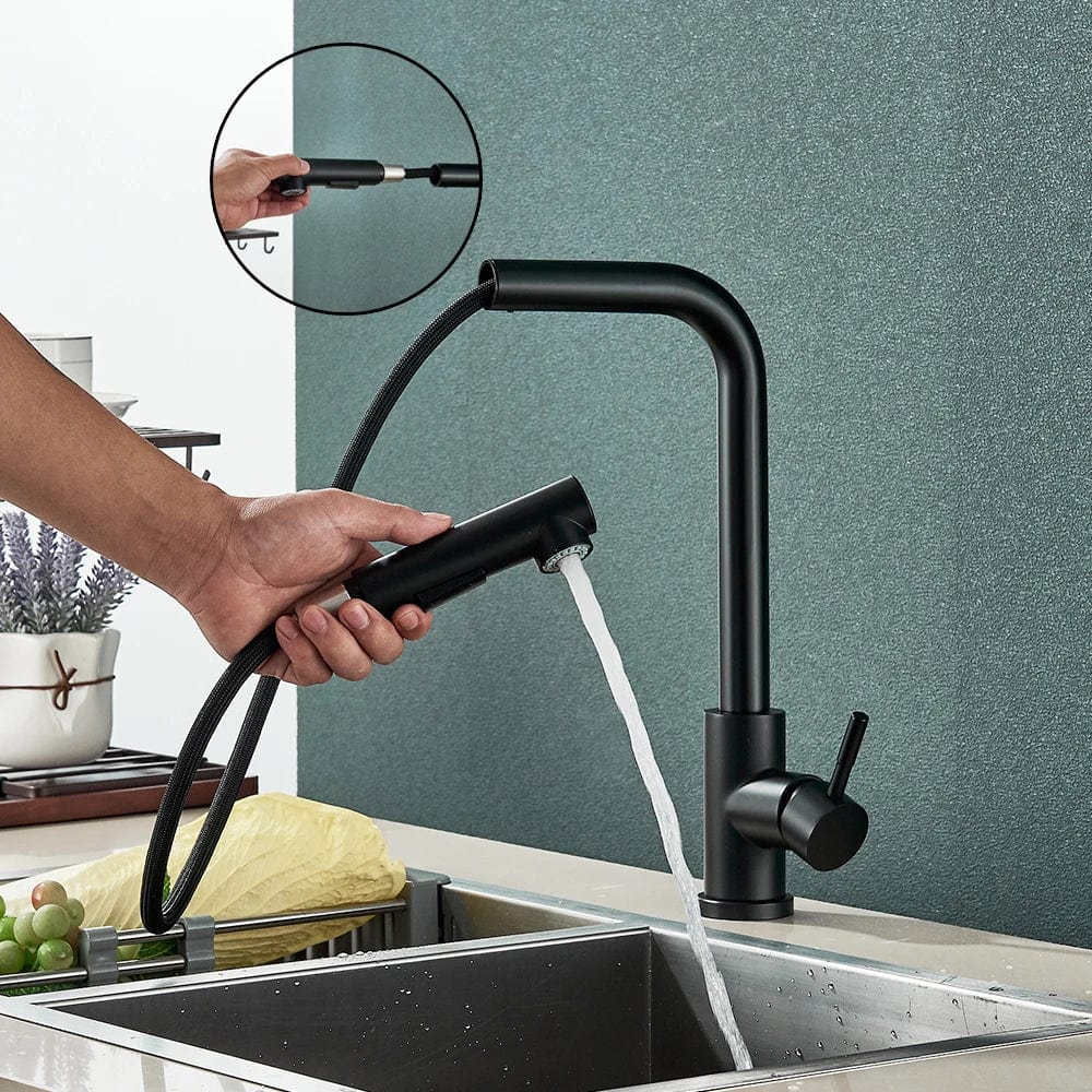 Free Shipping  Black Pull Out Kitchen Sink Faucet Two Model Stream Sprayer Nozzle Stainless Steel Hot Cold Wate Mixer Tap Deck