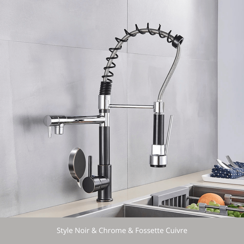 Robinet cuisine style professionnel, deux voies ! Style Noir & Chrome & Fossette Cuivre / Laiton