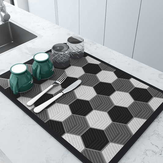 Tapis Egouttoir | Tapis Hexagonale Tricolore 40 x 50 / Gris Noir & Blanc